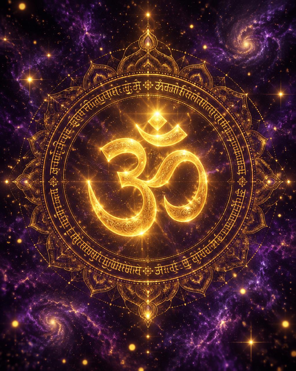 Glowing Om symbol in the cosmos